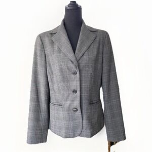 Anne Klein Plaid Blazer‎ Womens 10 Gray Stretch Career Business Casual Classic